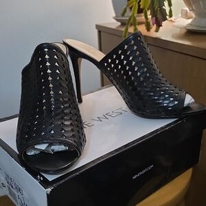 Nine West Black Perforated Heeled Mules